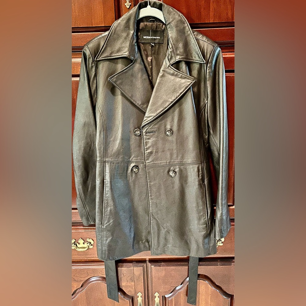 Moda International black faux leather Trench Coat Size L